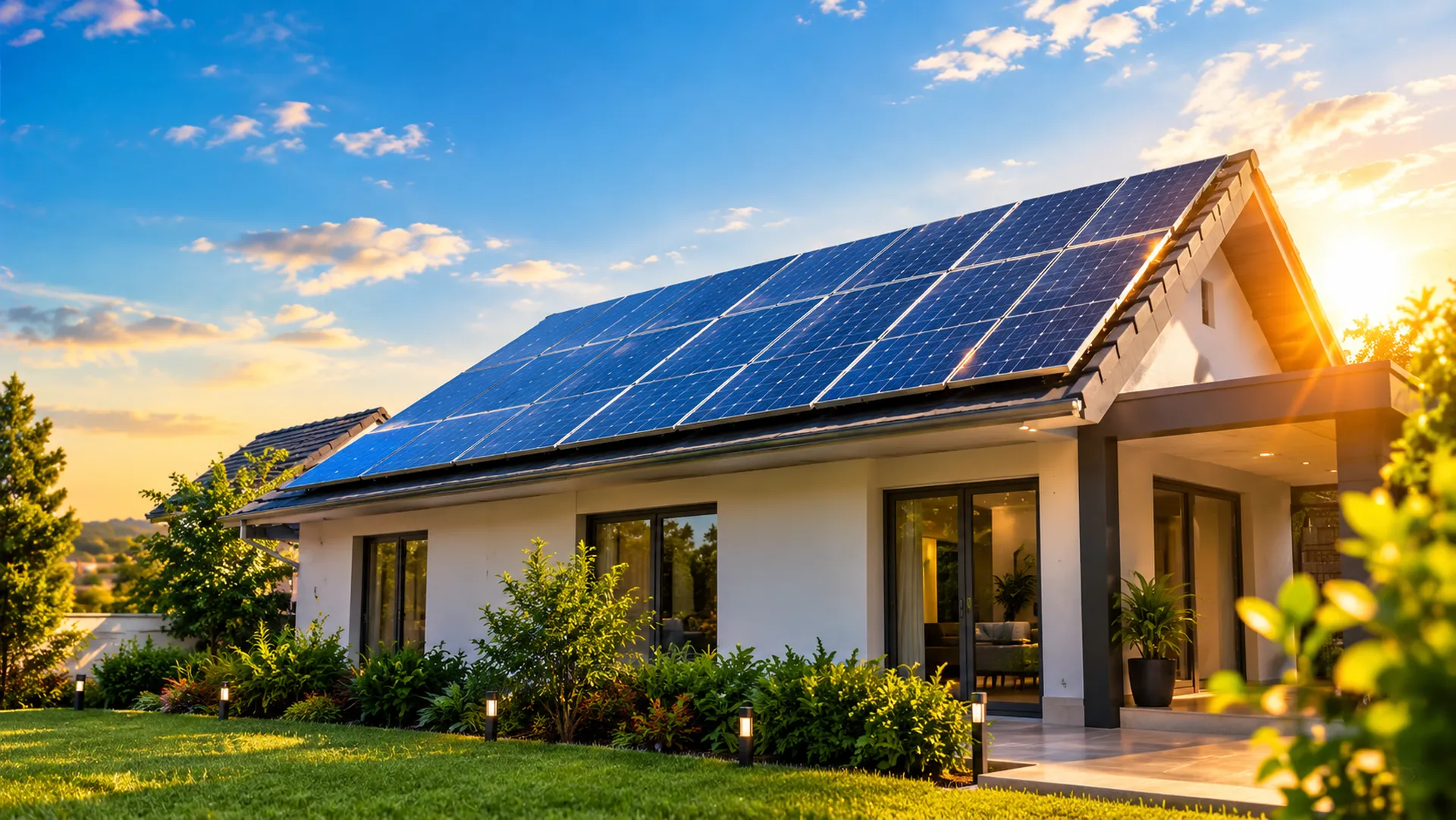 Residência moderna com painéis solares no telhado